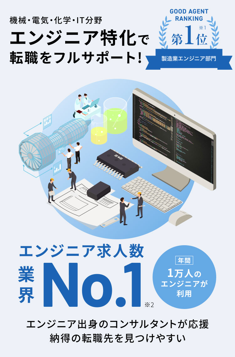 機械・電気・化学・IT分野 エンジニア特化で転職をフルサポート!エンジニア求人数 業界No.1。エンジニア出身のコンサルタントが応援。納得の転職先を見つけやすい