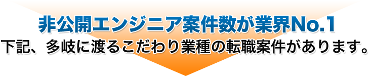 非公開エンジニア案件数が業界No.1　下記、多岐に渡るこだわり業種の転職案件があります。