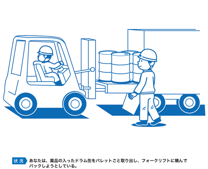 あなたは、薬品の入ったドラム缶をパレットごと取り出し、フォークリフトに積んでバックしようとしている。