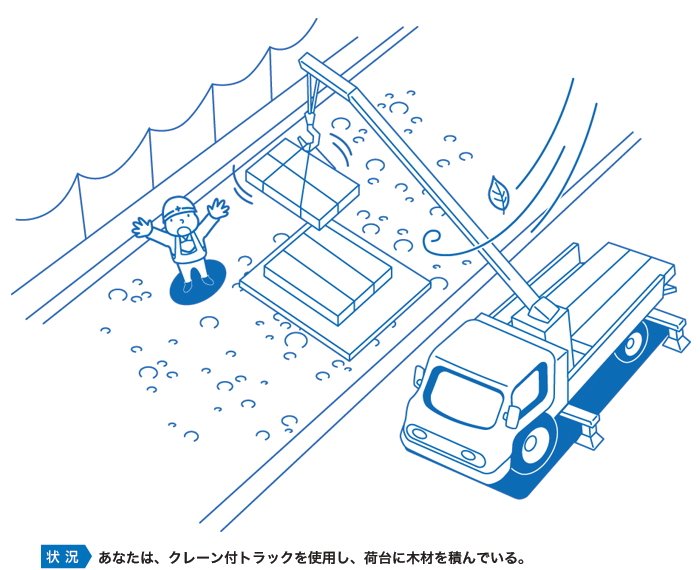 あなたは、クレーン付トラックを使用し、荷台に木材を積んでいる。