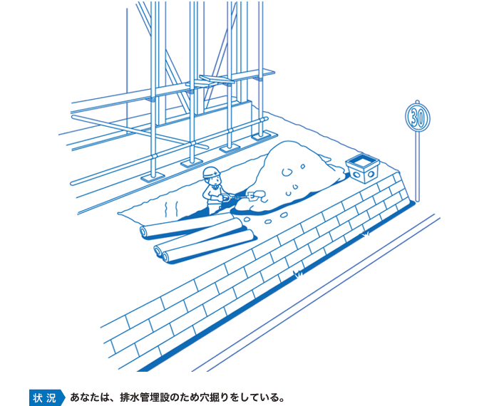 あなたは、排水管埋設のため穴掘りをしている。