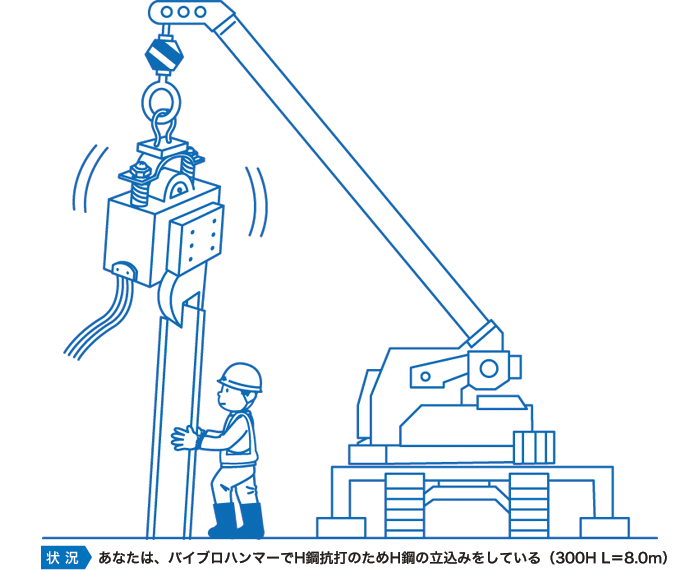 あなたは、バイブロハンマーでH鋼抗打のためH鋼の立込みをしている（300H L＝8.0m）