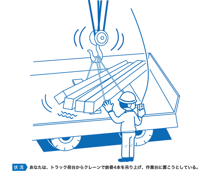 あなたは、トラック荷台からクレーンで鉄骨4本を吊り上げ、作業台に置こうとしている。